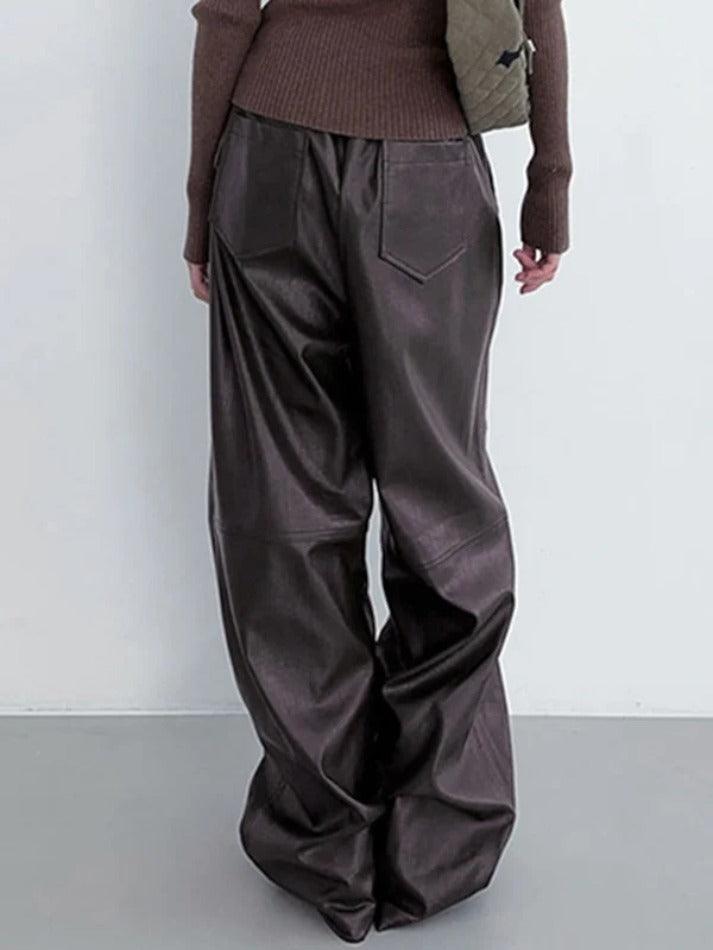 High Rise Drawstring Loose Leather Pants