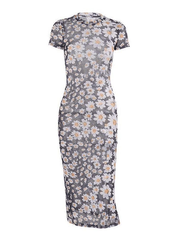 Daisy Print Mesh Maxi Dress