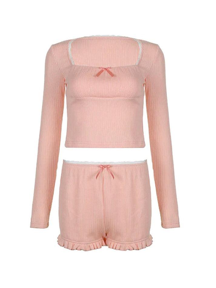 Lace Trim Square Neck Long Sleeve Tee & Fungus Shorts Set