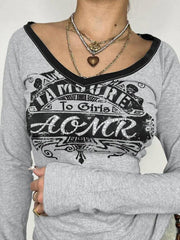 Contrast Color Letter Print V Neck Long Sleeve Tee