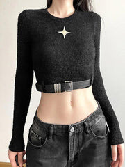 Metal Star Decor Belted Hem Cropped Long Sleeve Knit