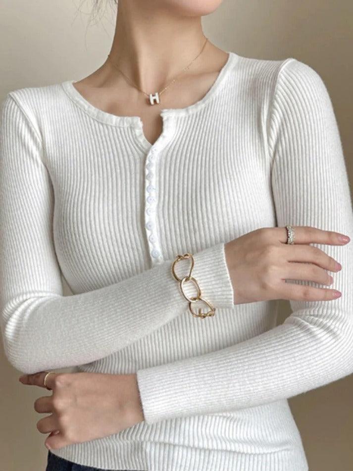 Solid Ribbed Breasted Long Sleeve Knit