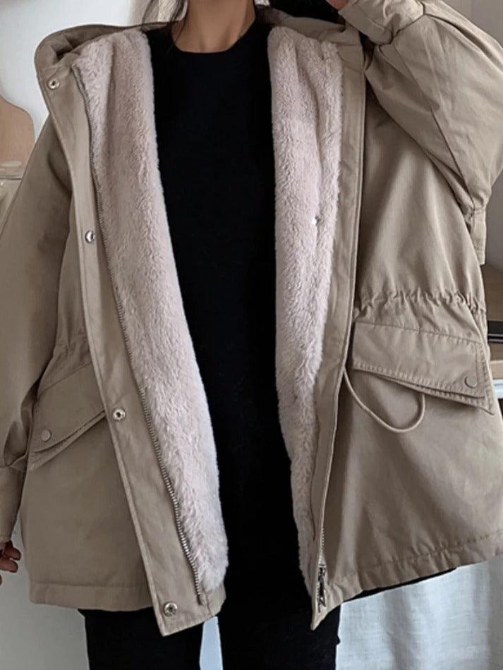 Solid Hooded Drawstring Flap Detail Jacket