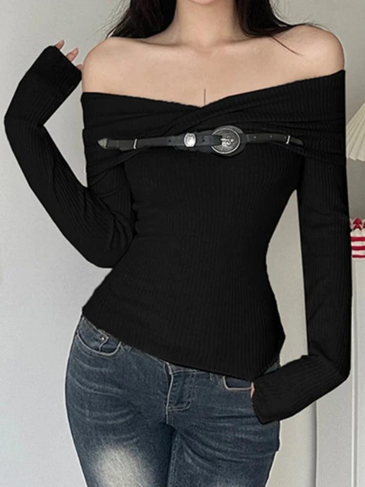 Crossover Off Shoulder Belted Long Sleeve Knit