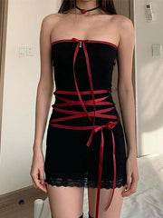 Contrast Color Crossover Tie Up Bandeau Mini Dress