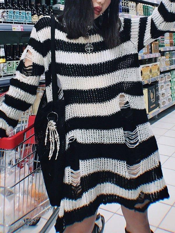 Distressed Stripe Longline Sweater