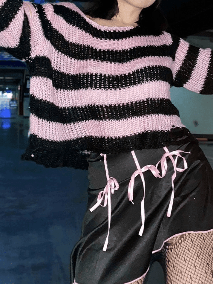 Distressed Striped Crop Sweater