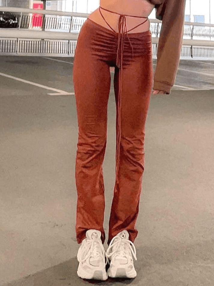 Drawstring High Rise Flare Leg Pants