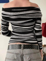 Contrast Color Striped Off Shoulder Slim Sweater