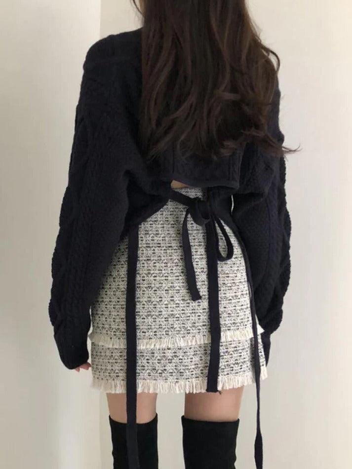 Solid V Neck Tie Back Loose Sweater