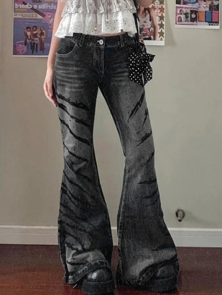 Punk Crackle Print Low Rise Flare Jeans