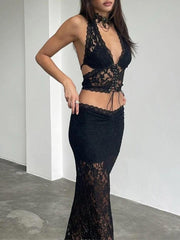 Plunge Neck Halter Low Waist Lace Two Piece