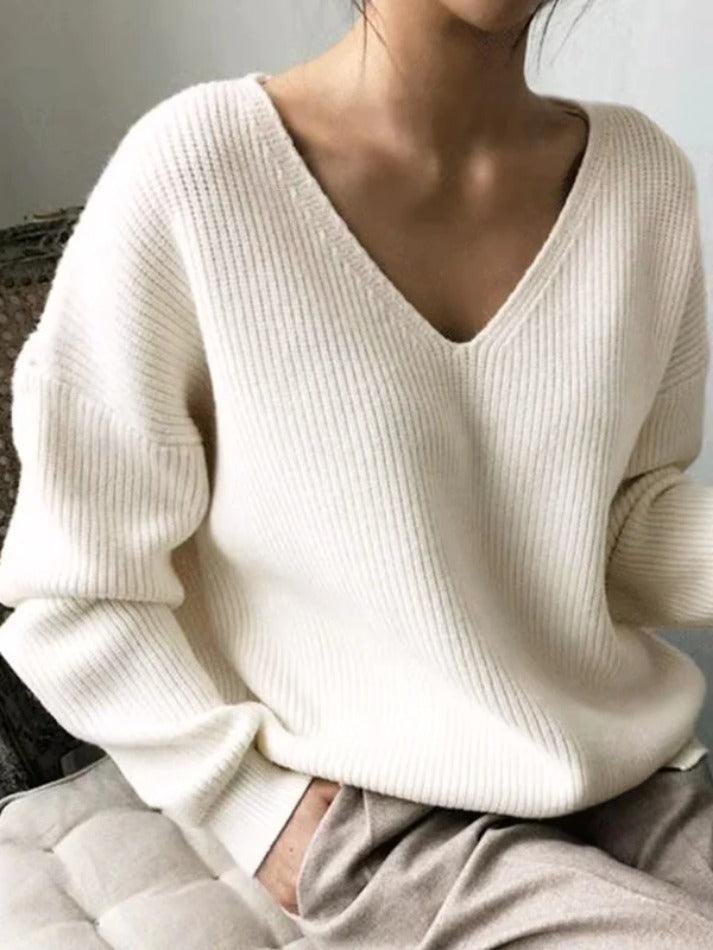 Solid V Neck Irregular Hem Baggy Knit Sweater