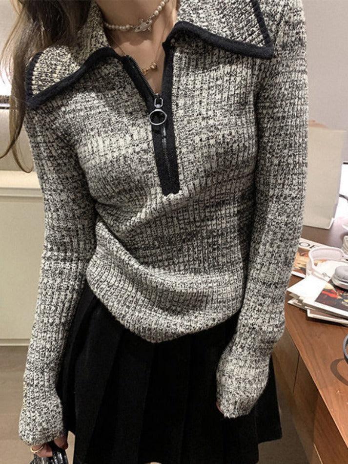 Lapel Neck Half Zip Sweater