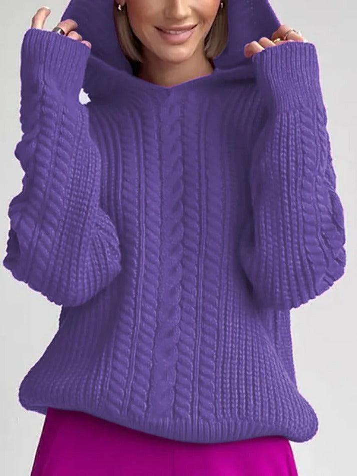 Solid Color Hooded Cable Knit Sweater