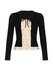 Lace Splice Tie Up Fake Two Piece Long Sleeve Tee