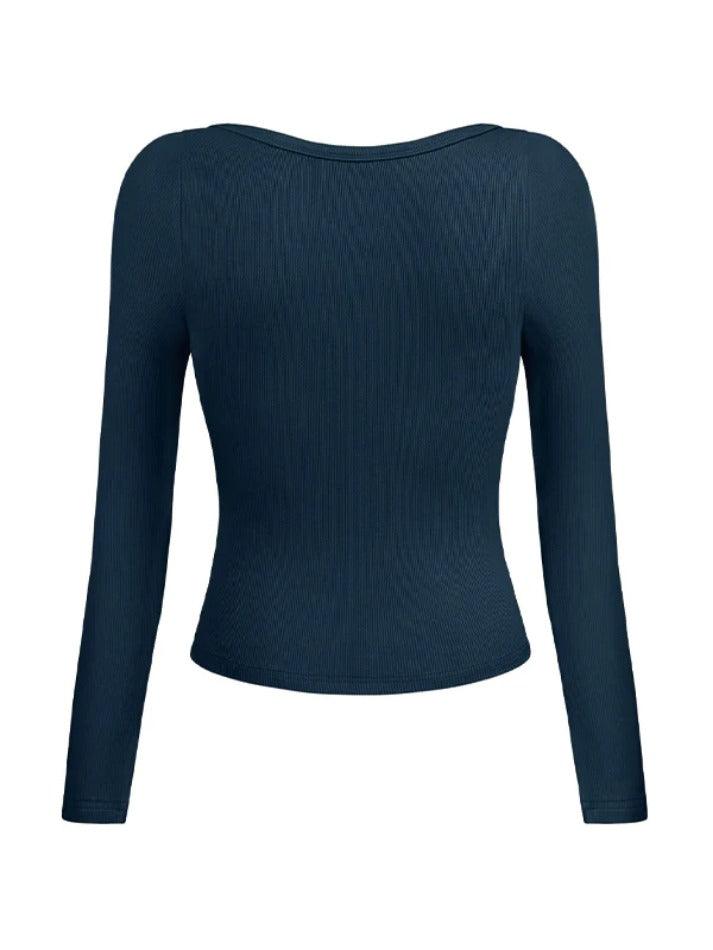 Solid U Neck Slim Long Sleeve Knit