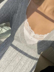 Solid V Neck Crochet A Line Hem Sweater