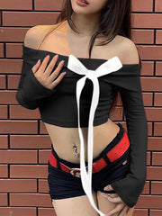 Solid Off Shoulder Bow Decor Cropped Long Sleeve Tee
