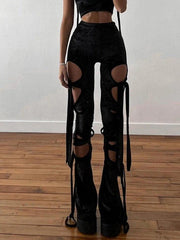 Lace Up Cutout Velvet Flare Leg Pants