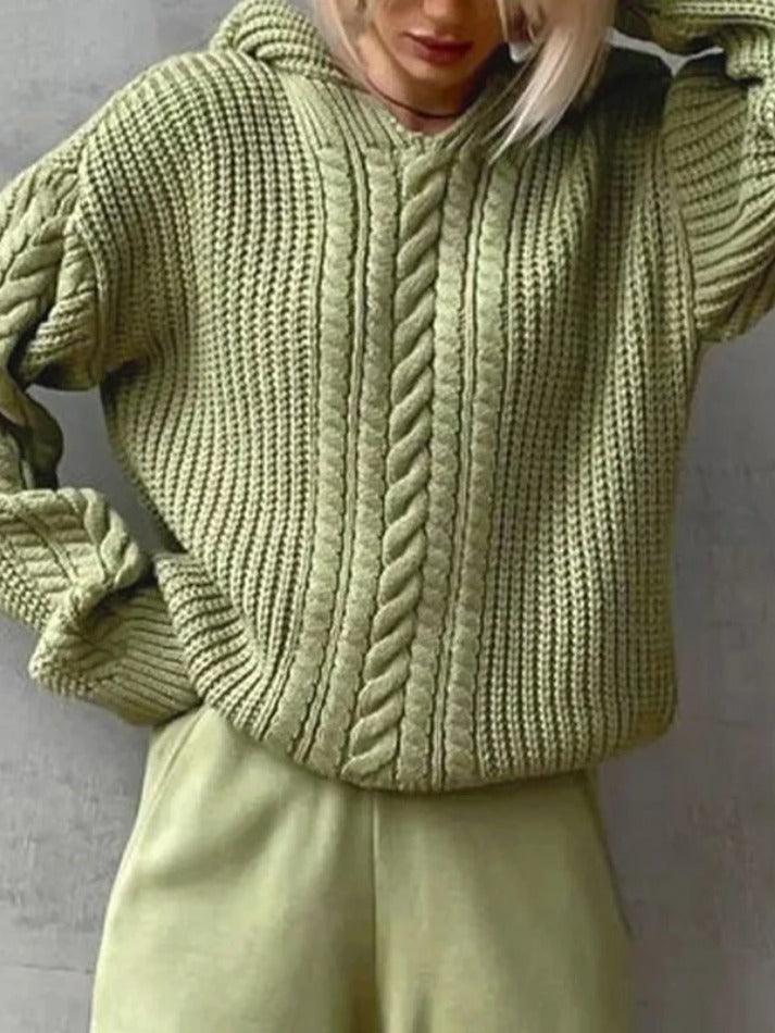 Solid Color Hooded Cable Knit Sweater