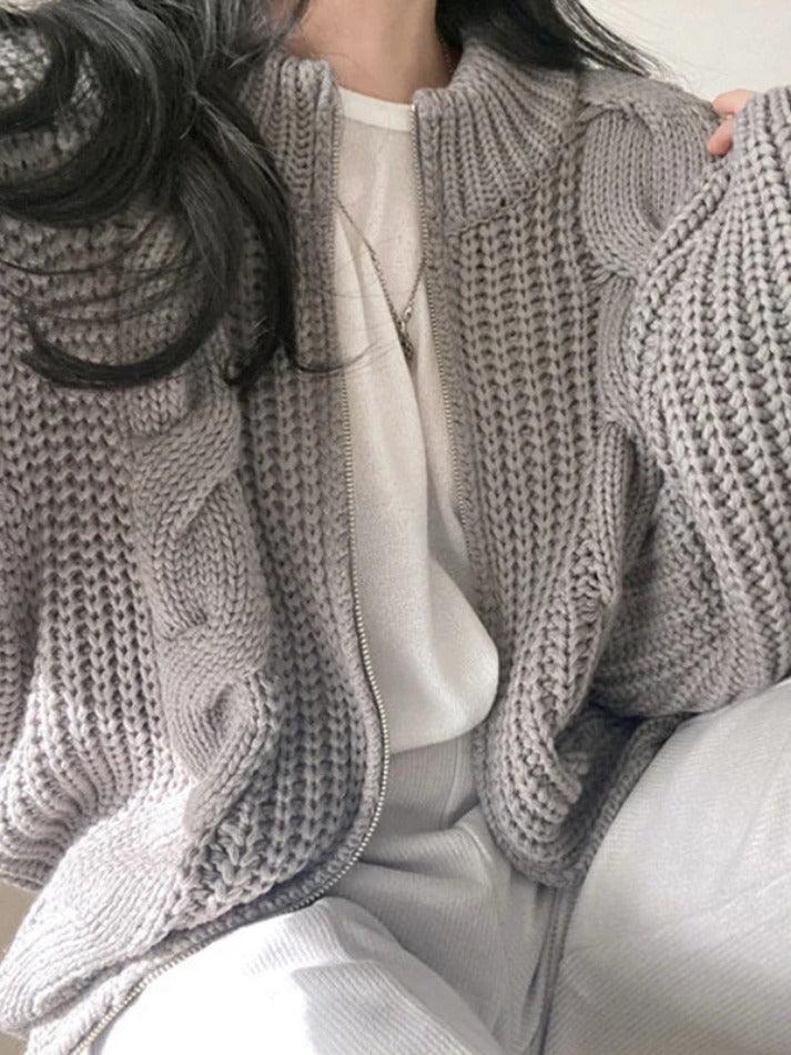 Solid Zip Up Crochet Cable Knit Cardigan