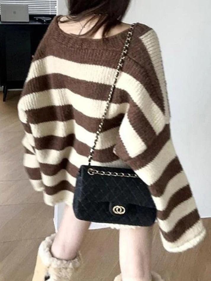 Contrast Color Striped V Neck Rolled Loose Knit Cardigan