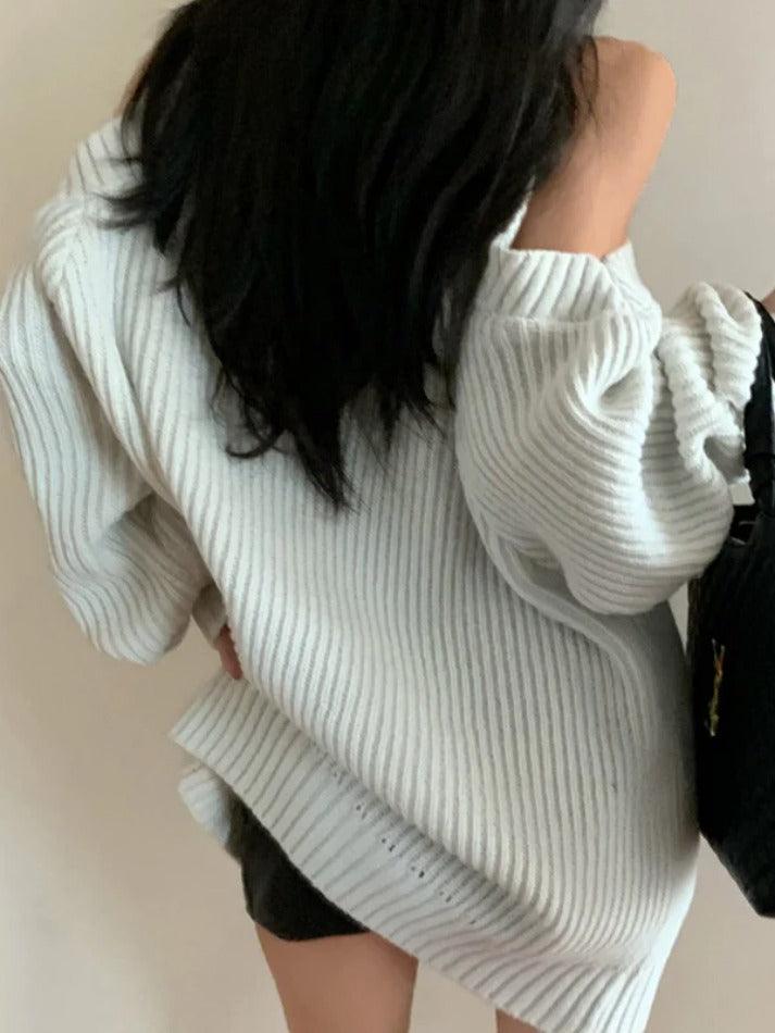 Solid Cold Shoulder Loose Ribbed Sweater