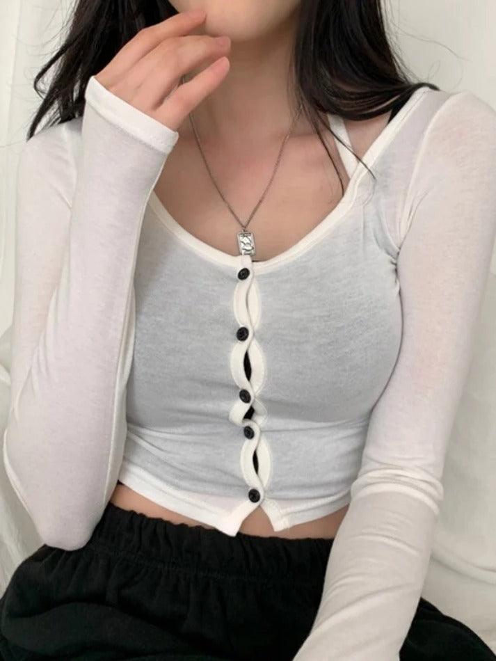 Solid Halter Breasted Two Piece Long Sleeve Knit
