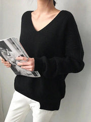 Solid V Neck Irregular Hem Baggy Knit Sweater