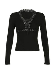 Lace Trim V Neck Lacing Slim Long Sleeve Knit