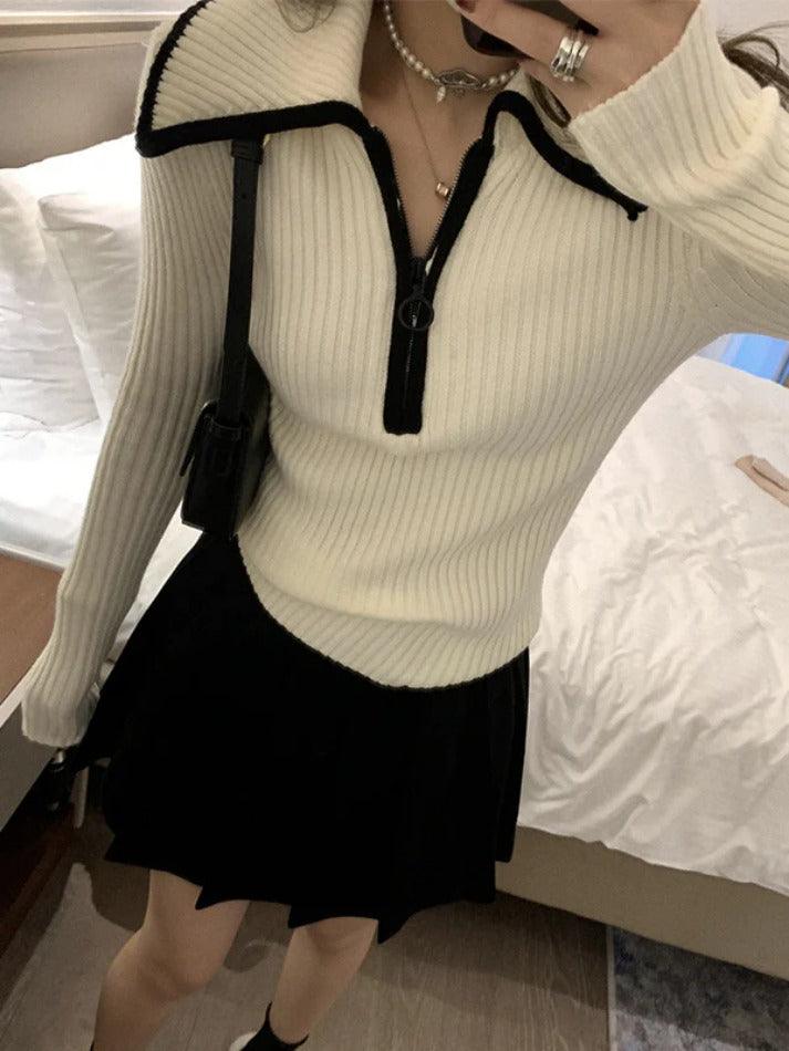 Lapel Neck Half Zip Sweater