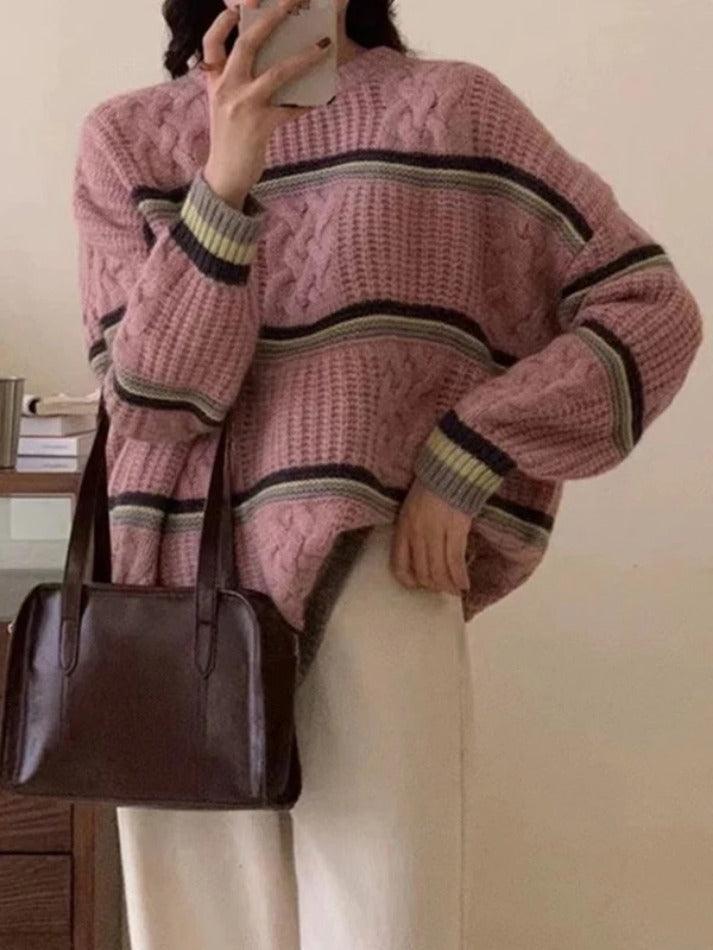 Contrast Color Striped Cable Knit Sweater