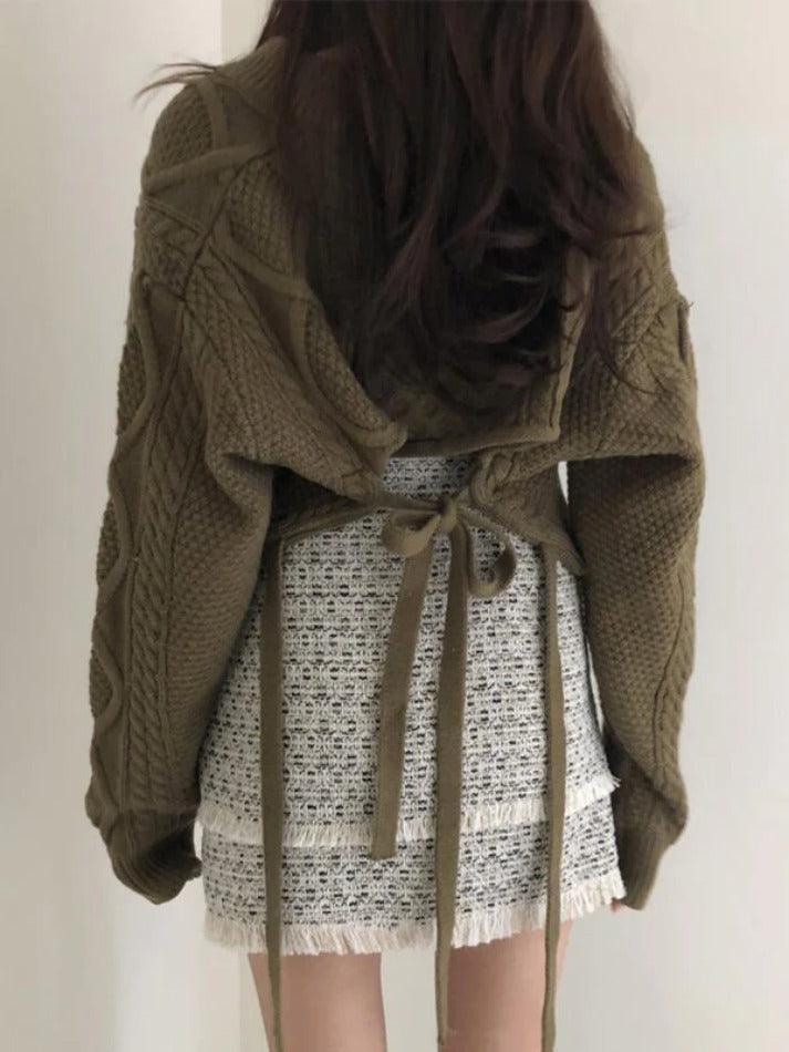 Solid V Neck Tie Back Loose Sweater