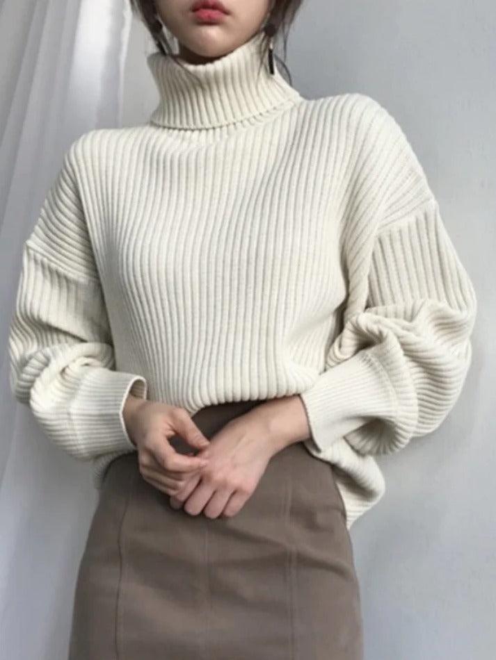 Solid Turtleneck Ribbed Knit Sweater