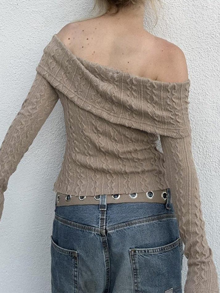 Solid Off Shoulder Slim Cable Knit Long Sleeve Knit