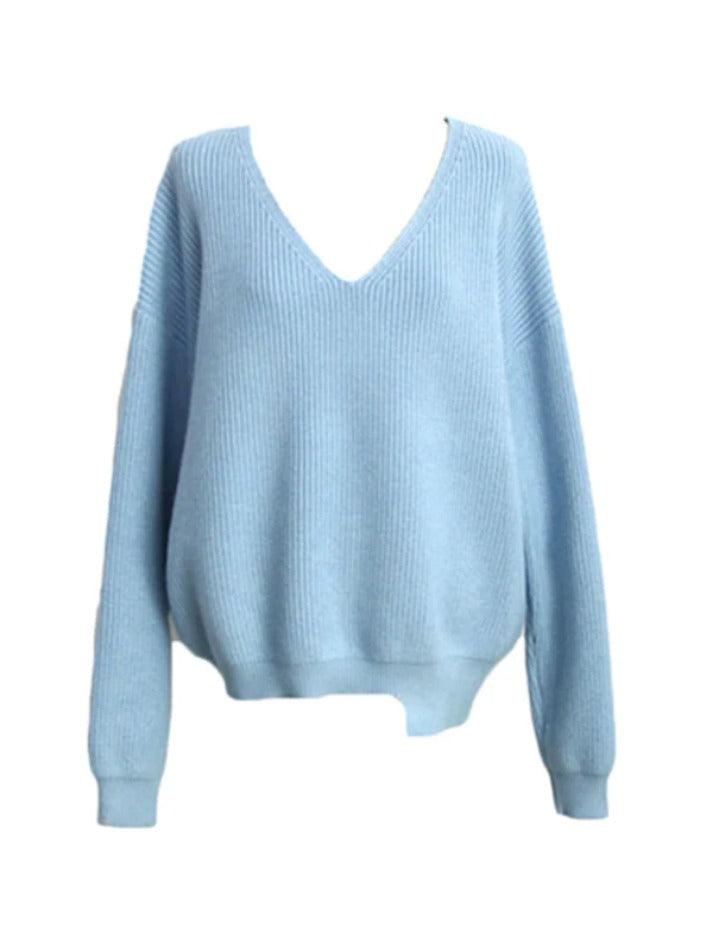 Solid V Neck Irregular Hem Baggy Knit Sweater