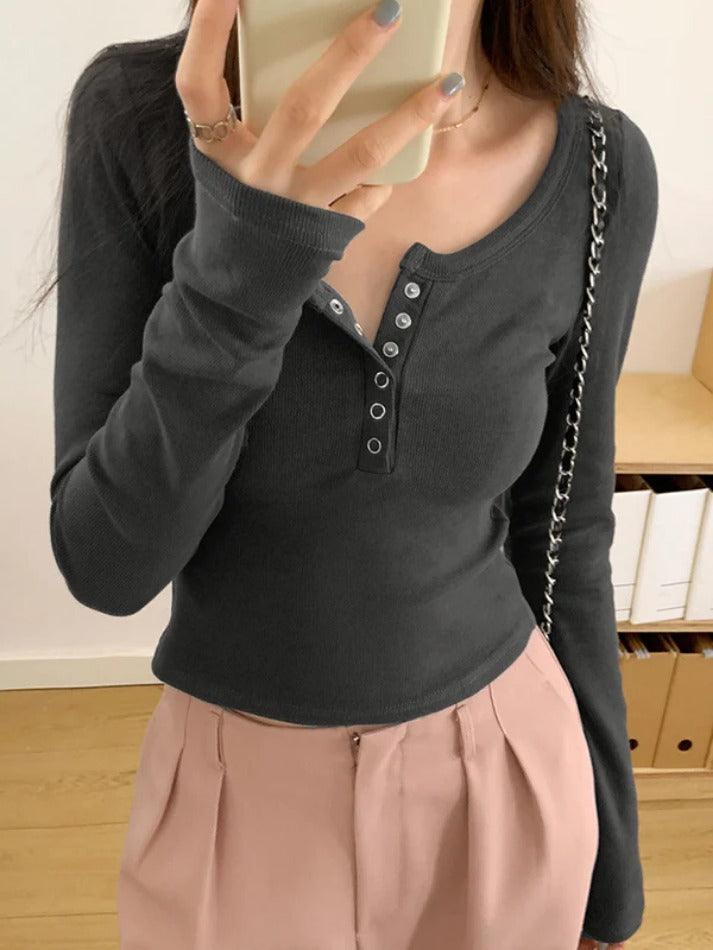 Solid Color Ribbed Breasted Slim Long Sleeve Knit