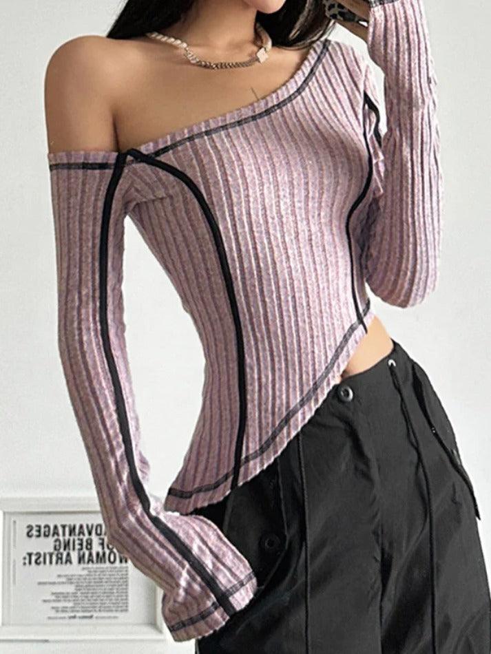 Slanted Shoulder Splice Irregular Hem Long Sleeve Knit