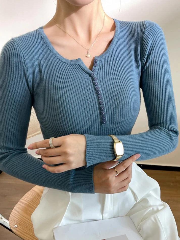 Solid Ribbed Breasted Long Sleeve Knit