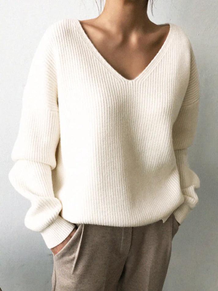 Solid V Neck Irregular Hem Baggy Knit Sweater