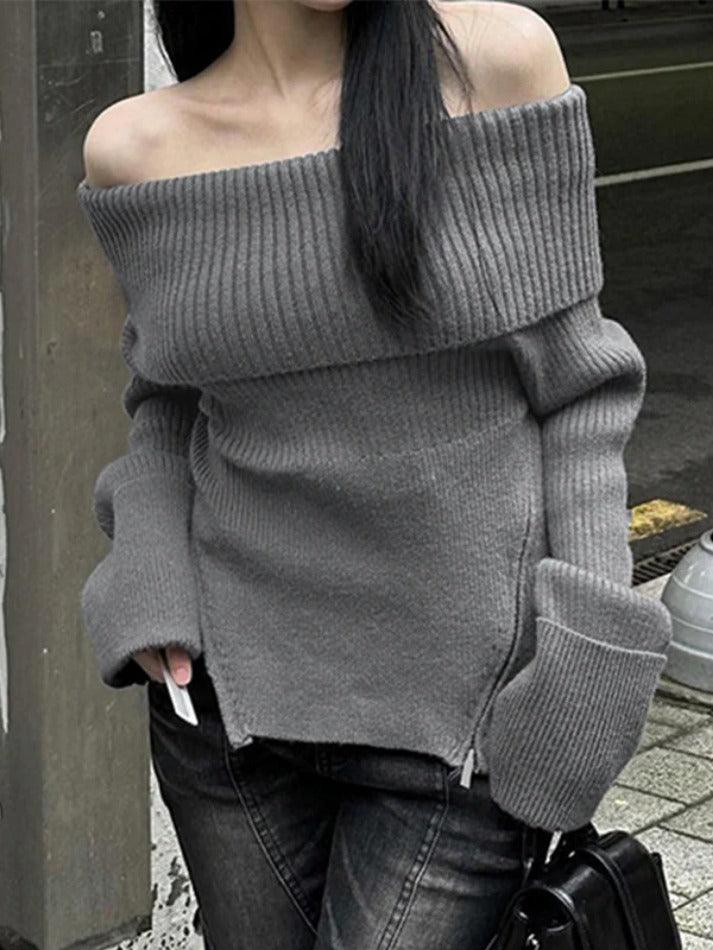 Solid Off Shoulder Zip Up Hem Sweater