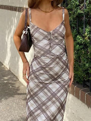 Plaid Print V Neck Midi Dress