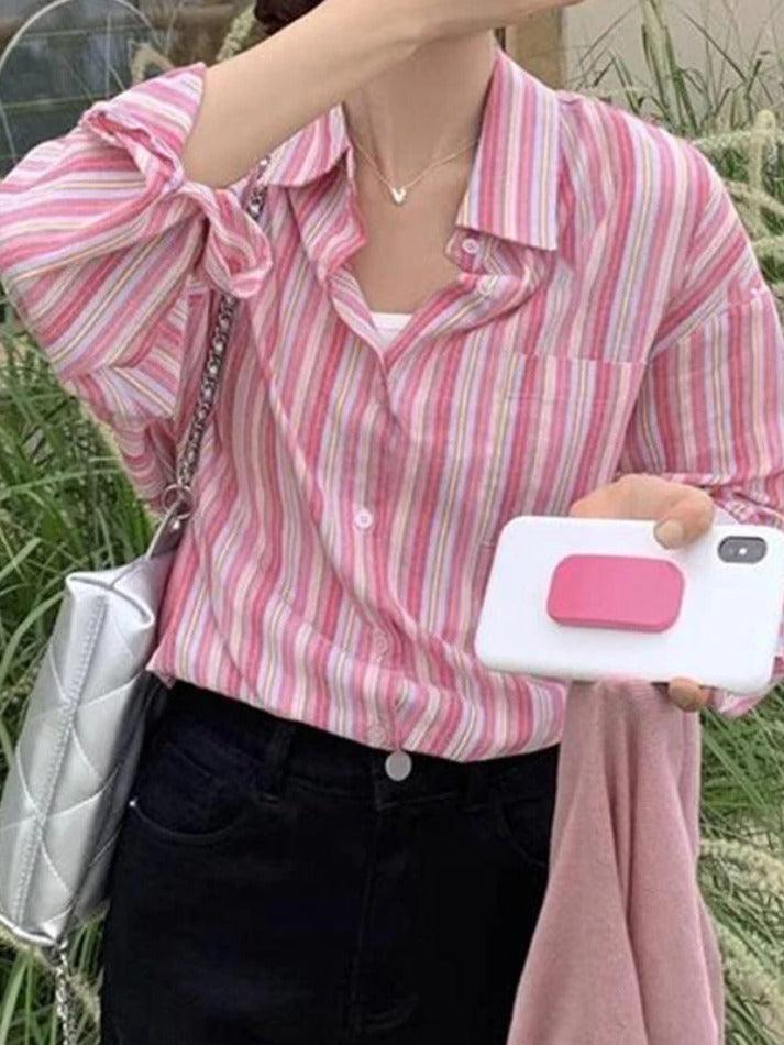 Contrast Color Striped Long Sleeve Blouse
