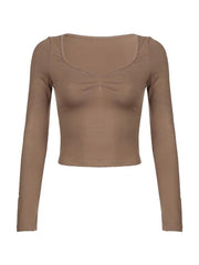 Solid Ruched Sweetheart Neck Long Sleeve Tee