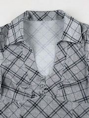 Argyle Print V Neck Diamond Button Long Sleeve Tee