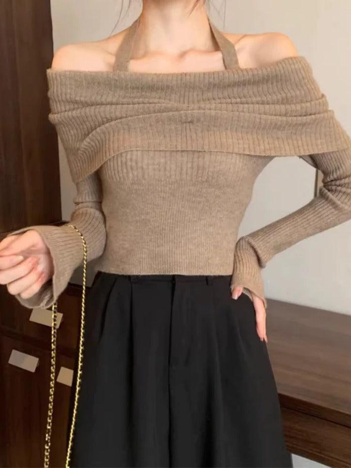 Solid Halter Ruched Cold Shoulder Sweater