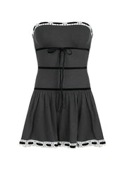 Off Shoulder Ribbon Trim Lace Up Slim Mini Dress