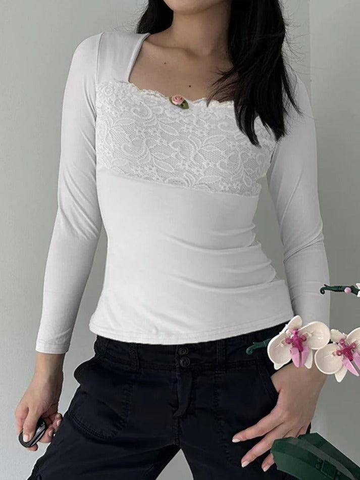 Solid Square Neck Lace Trim Long Sleeve Tee