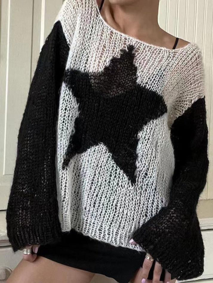 Contrast Color Star Baggy Smock Sweater